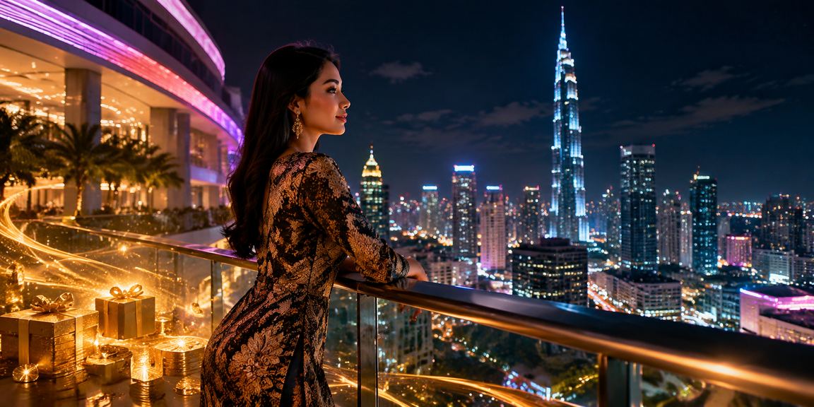 Bonus rebat dengan latar batik Kuala Lumpur menggambarkan ganjaran pemain baccarat